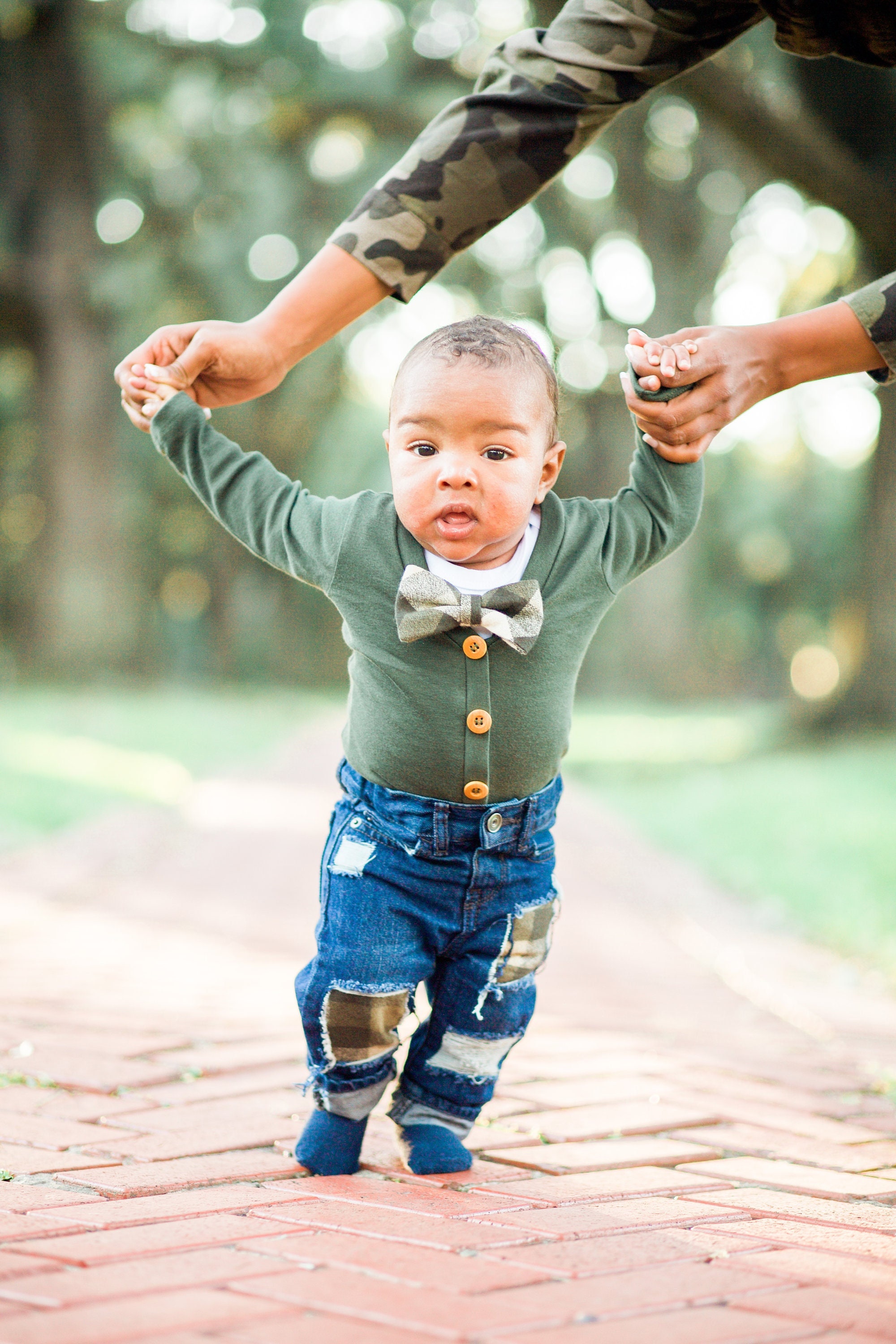 Baby Boy Fall Outfit. FOREST GREEN Cardigan & Olive Brown Plaid 
