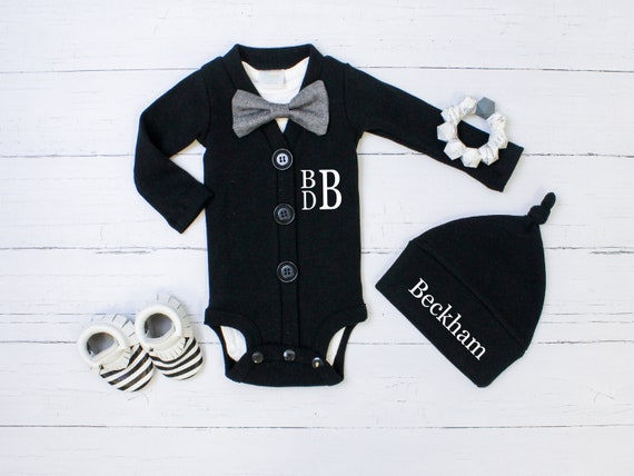 NEW BORN ONLYBlack Monogrammed Baby Boy Clothes. Newborn Boy Going Home Outfit. Coming Home Outfit. Monochrome. Cardigan. Preppy. Il_570xn