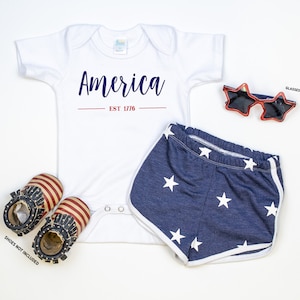 4th of July Tshirt or bodysuit. Gender Neutral baby boy or baby girl, toddler. America Est 1776 Patriotic Outfit. Fourth. Stars Retro Shorts