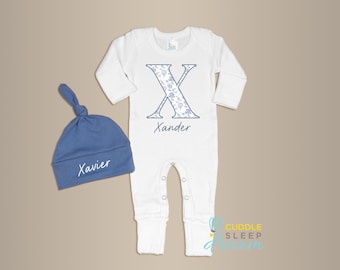 Baby Boy Toile Coming Home Outfit, Jungle Elephant Giraffe, Take home outfit, Going Home Personalized, Newborn, White Romper w/ Blue Hat