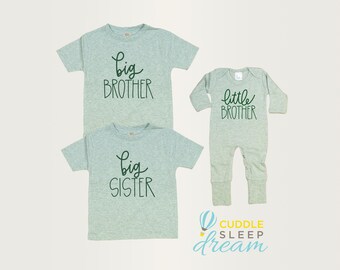 Big Brother / Big Sister / Little Brother / Little Sister - Ht Sage Green shirt or newborn romper with green writing, family matching