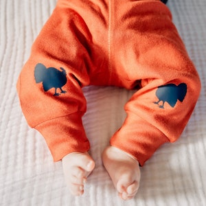 Thanksgiving Pants for Baby. Cotton Classic Pants with Turkey Knee Patches. Handmade. Navy. Orange. Baby Boy, Baby Girl, Unisex