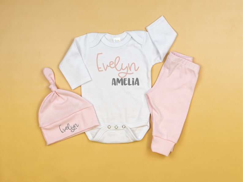 Personalized Baby Girl Coming Home Outfit. First Middle Name. Custom Name. Pink. Baby. Newborn, Take home, hospital image 1
