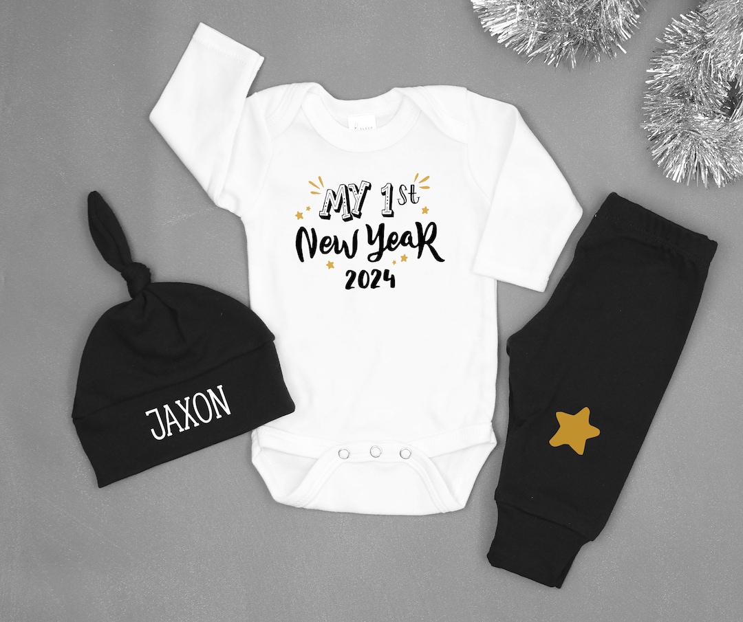 Baby Boy 1st New Year Outfit. 2024. New Years Eve Clothes. First New Year. Black and Gold. Baby
