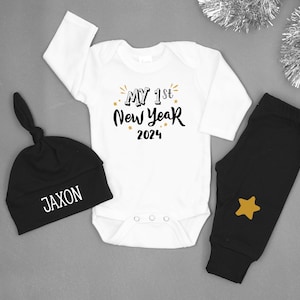 Baby Boy 1st New Year Outfit. 2024. New Years Eve Clothes. First New Year. Black and Gold. Baby New Year. Newborn.