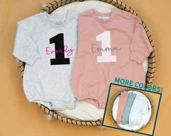 Girl First Birthday Outfit. 1st Birthday Sweatshirt, Winter Birthday, Sweater Romper. Name and Candle. Name and Number 1. Candle Shirt.