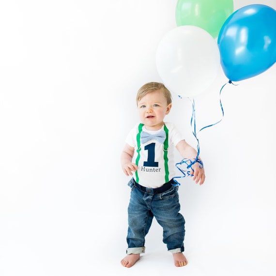 Baby Boy 1st Birthday Outfit in Green & Navy. Cake Smash Outfit. First ...
