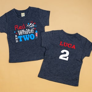 Red White & TWO tshirt. Personalized 2nd birthday shirt. Patriotic 4th of July Birthday. Toddler Boy 2nd Birthday. Name and number on back