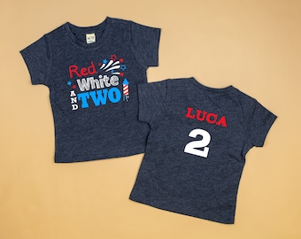 Red White & TWO tshirt. Personalized 2nd birthday shirt. Patriotic 4th of July Birthday. Toddler Boy 2nd Birthday. Name and number on back