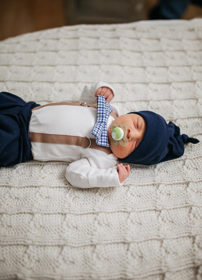Newborn Boy hospital outfit. Navy Blue. Mocha Brown. Plaid. Etsy