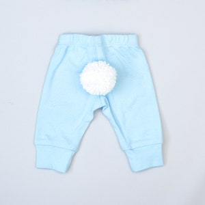 Easter Baby Pants w/ WHITE BUNNY TAIL. Handmade 100% Cotton Infant Pants with Detachable Tail. Tan Blue Mint Cream Pink. Baby Boy Baby Girl Sky Blue Pants