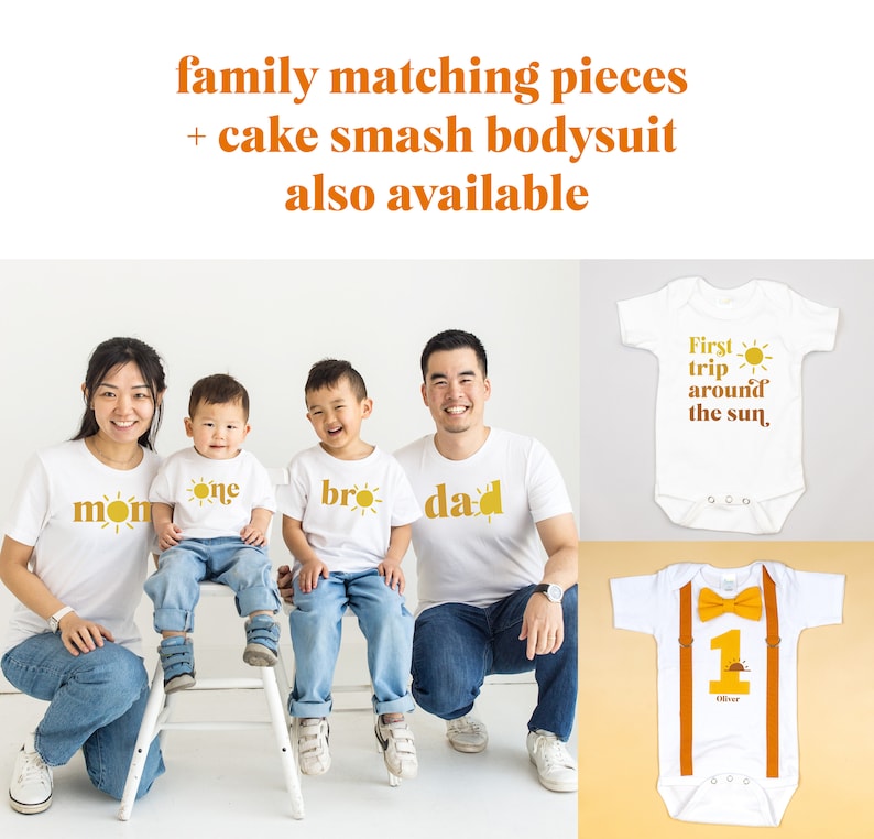 May include: A family of four wearing matching white t-shirts with a sun and text that says "mon", "one", "bro", and "dad". The image also shows two baby onesies, one with the text "First trip around the sun" and the other with a number one and the text "Oliver".