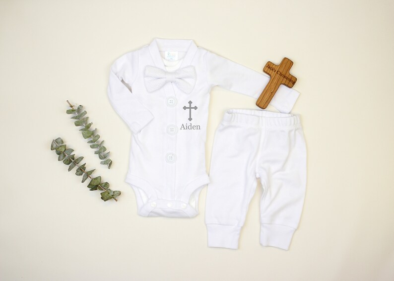 Personalized Baby Boy Baptism Outfit. White Christening Outfit for Boys. Baby Cardigan Bowtie. Seersucker Bow Tie. Infant Newborn. Name. image 1