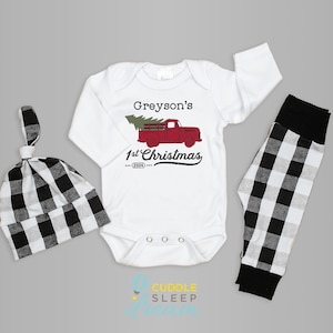 Baby Boy 1st Christmas Outfit. Personalized Farm Truck. Buffalo Plaid in Black. Name. Leggings Pants Hat. Newborn Infant First Christmas