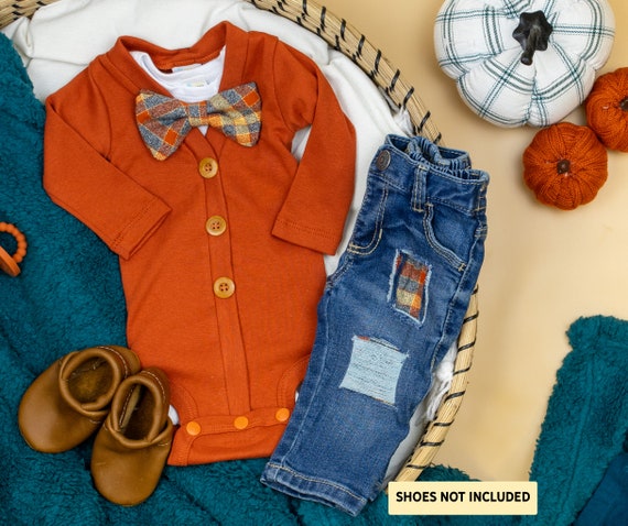 Baby Boy Fall Clothes. Dapper Gentleman Outfit. Jeans Denim. Fall Picture Outfit. Cardigan Bow Tie Orange Plaid Newborn Boy Fall Outfits Etsy Canada
