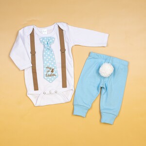 Baby Boy 1st Easter Outfit. Tie Suspender Outfit. First Easter Shirt for Boys. Sky Blue and Brown. Polka Dot Tie. Easter Tie. image 7