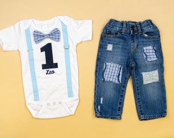 Baby Boy 1st Birthday Outfit  Cake Smash Outfit. First Birthday Shirt for Boys. Personalized Name. Bowtie & suspender. Destroyed Jeans