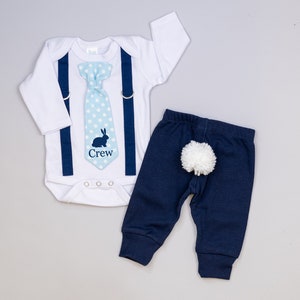 Personalized Easter bunny outfit for baby boy. Newborn boy, infant boy. Custom Name tie and suspenders bodysuit. Navy. Monogram. image 9