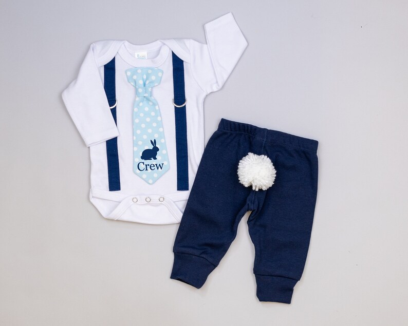 Personalized Easter bunny outfit for baby boy. Newborn boy, infant boy. Custom Name tie and suspenders bodysuit. Navy. Monogram. image 9