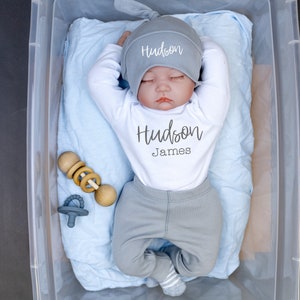 Newborn Coming Home Outfit. Baby Boy Coming Home Outfit. Personalized Take Home Outfit. Hospital Outfit. First Middle Name Baby Gift Gray