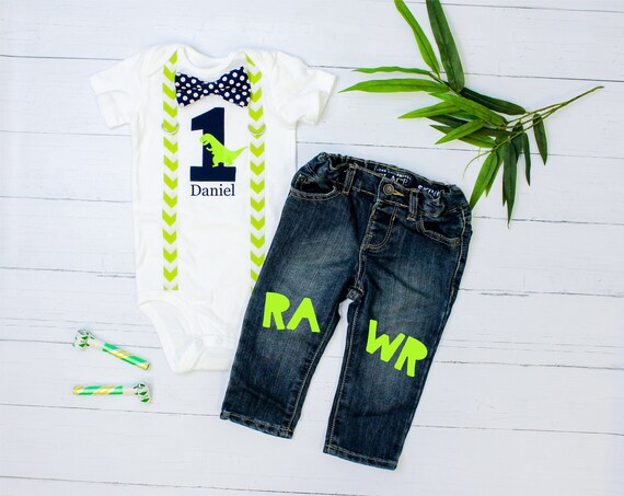 Dinosaur Birthday Outfit with Jeans. Rawr. Personalized Name. Baby Boy First Birthday Shirt. T-rex dinosaur Theme. Boys . Navy Lime Green Il_570xn