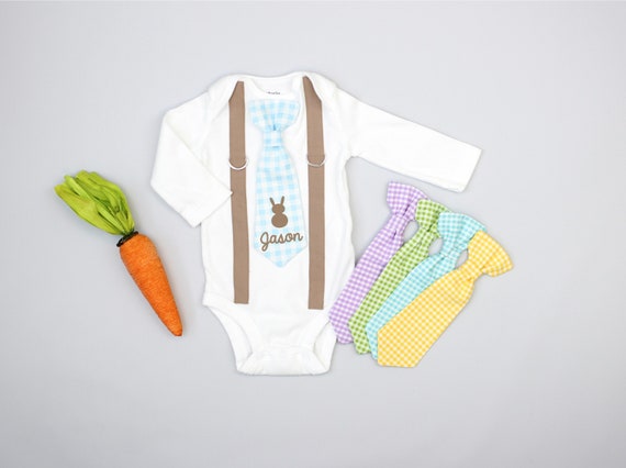 Personalized Baby Boy Easter Outfit. Bunny tie with name. Newborn boy easter clothes. Custom easter shirt. Gingham Bunny Tie & Suspender Il_570xn
