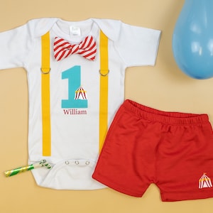 Personalized Circus 1st Birthday Outfit Boy. Baby Boy First Birthday Shirt. Carnival Theme Party. Yellow Red Aqua. Circus Tent Shirt Name.