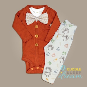 Baby Boy Thanksgiving Outfit. Pumpkin Bow Tie and Turkey Leggings. Dapper Baby Boy Fall Clothes. Cute Boy Outfits. Newborn Boy. Cardigan.