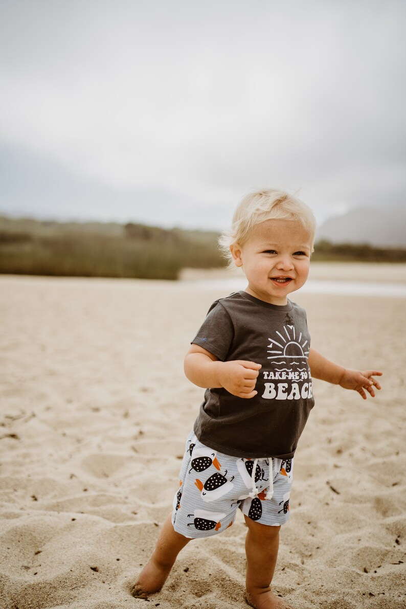 May include: A young child wearing a dark grey t-shirt with the text "Take me to the beach" and white and black patterned shorts. The child is standing on a sandy beach.