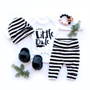 Black and White Stripe Coming Home Outfit, Baby Boy Leggings and Beanie Newborn Boy, Newborn Boy Hospital Outfit, New Little Dude, Brother image 8