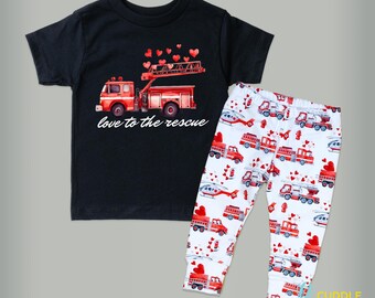 Toddler Boys Valentine Outfit. Valentine Fire Truck Shirt. Love to the Rescue. Emergency Trucks. 2t 3t 4t Red Graphic Tee. Truck Pants.