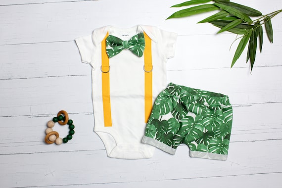 Baby Boy Outfit Summer, Palm Leaves, Banana Leaf, Tropical, Summer Clothes, Boy Shorts, Coming Home , Shorties, Boy Clothes, Boy Bowtie Il_570xn