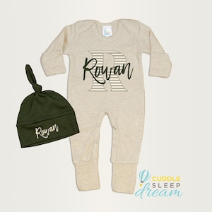 Personalized Baby Boy Coming Home Outfit, Oatmeal Romper with Forest Green Hat, Take home, Going Home, Newborn, Name, Beige