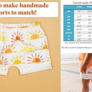 May include: White cotton shorts with a sun print pattern. The shorts have a waistband with an elastic band. The shorts are handmade in the USA and are available in sizes from newborn to 4T. The size chart shows the waist, height, weight, and equivalent size for each size.