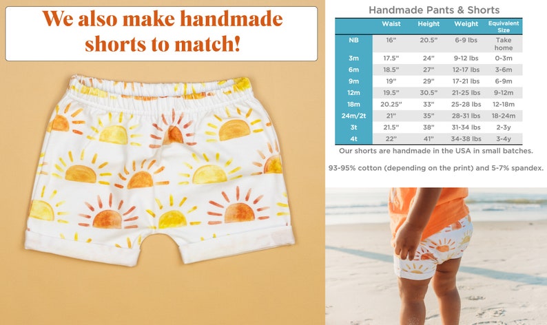 May include: White cotton shorts with a sun print pattern. The shorts have a waistband with an elastic band. The shorts are handmade in the USA and are available in sizes from newborn to 4T. The size chart shows the waist, height, weight, and equivalent size for each size.
