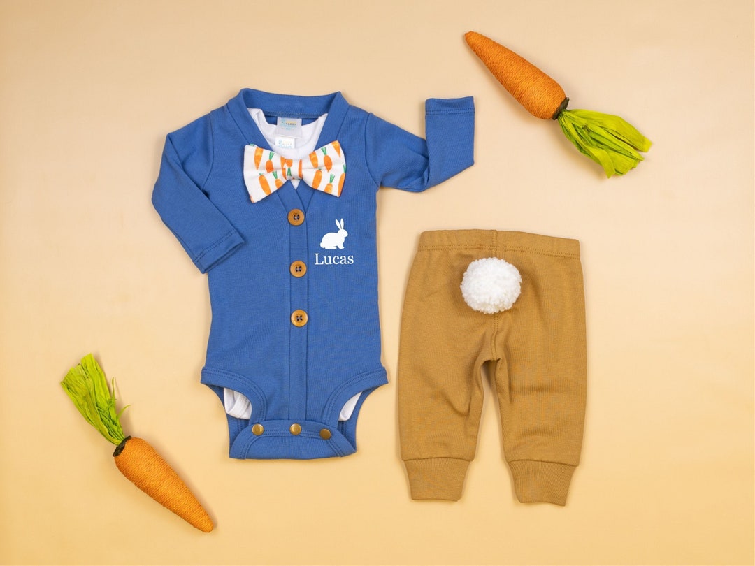 Personalized Baby Boy Easter Outfit. Bunny Tail Pants. Blue Baby