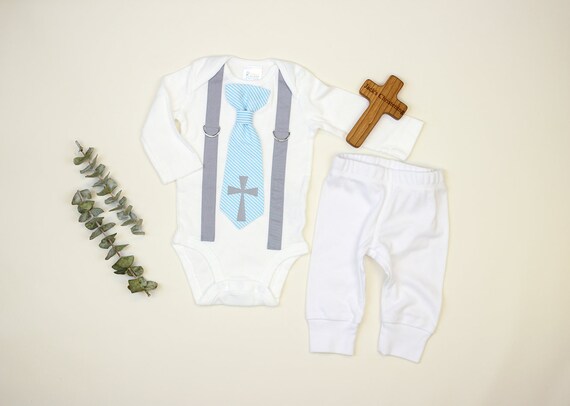 Baby Boy Baptism Set with Pants, infant boy baptism outfit, toddler boy, christening outfit, cross tie, blue tie, baptism bodysuit, newborn Il_570xn