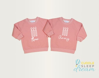 Personalized Girls 3rd Birthday Sweatshirt with Name and Candle. Third Birthday. Candle Shirt. Girl Birthday Top. Pink. 3