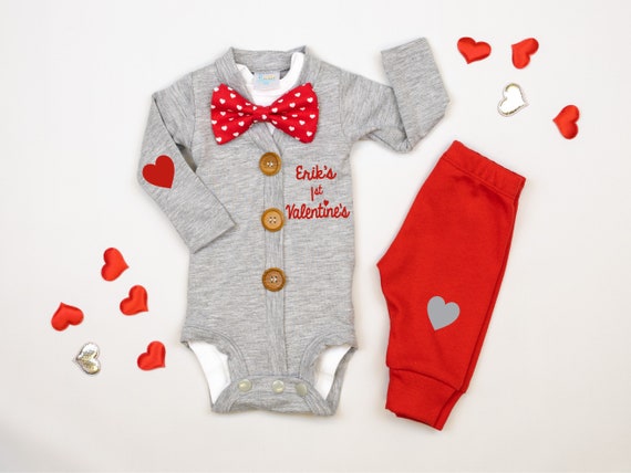 Baby Boy 1st Valentines Day Outfit. Gray Cardigan Set with Pants. Preppy. Bow tie. Heart Elbow Patches. Newborn Boy. Red Pants Il_570xn