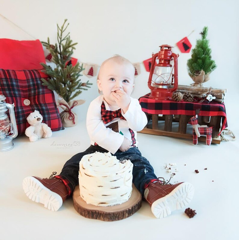 Christmas Birthday Outfit. Lumberjack 1st Birthday Shirt. Buffalo Plaid Check. Baby Boy 1st Birthday Outfit. Tree Woodland. Cake Smash. image 2