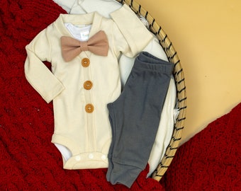 Baby Boy Valentine's Day Outfit. Cream, Pink Blush & Dark Gray, Vintage Cardigan Set Pants. Linen Bow tie. 1st Valentine. Newborn.