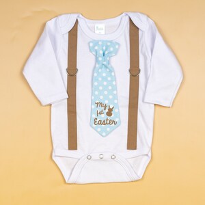 Baby Boy 1st Easter Outfit. Tie Suspender Outfit. First Easter Shirt for Boys. Sky Blue and Brown. Polka Dot Tie. Easter Tie. image 4