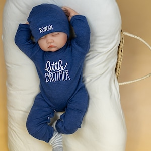 Little Brother Coming Home Outfit, Navy Denim Blue Romper with Personalized Name Hat, Take home outfit, Personalized, Newborn Boy, Baby Boy image 1