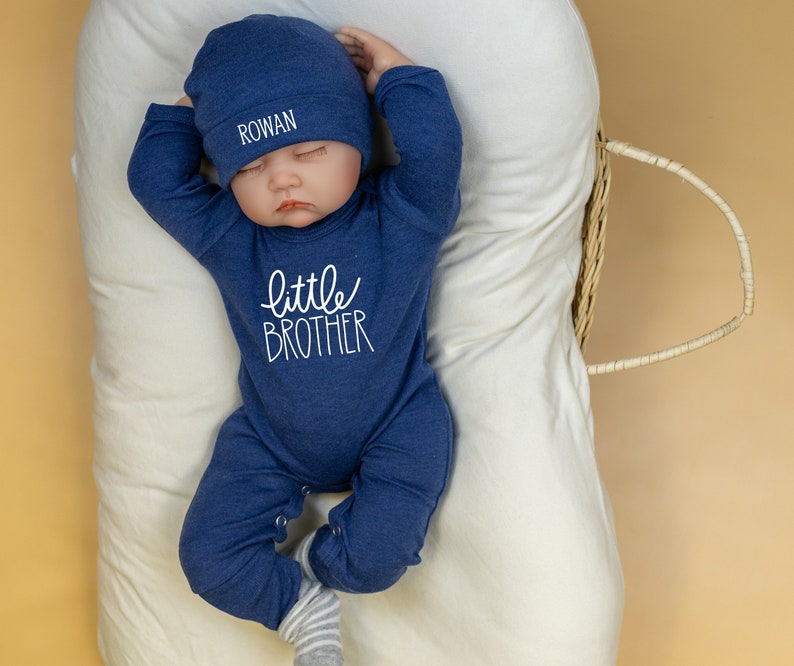 Little Brother Coming Home Outfit, Navy Denim Blue Romper with Personalized Name Hat, Take home outfit, Personalized, Newborn Boy, Baby Boy image 1