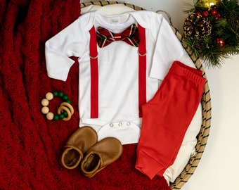 Baby Boy First Christmas Outfit, Plaid Bowtie & Suspenders