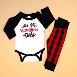 Buffalo Plaid First Valentine's Day Outfit for Baby Boy, Raglan Bodysuit, Valentine Leggings, Newborn boy 1st Valentine's Day image 1