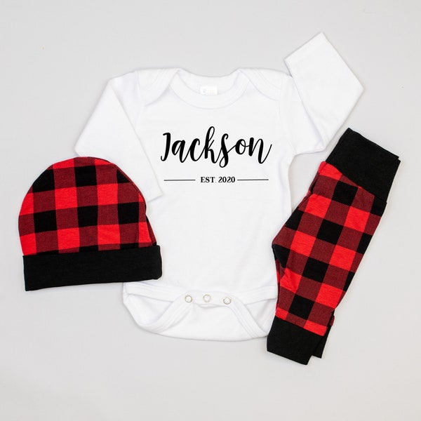 Personalized Baby Boy Coming Home Outfit Winter, Newborn Established Buffalo Plaid Leggings and Hat, Newborn Boy Hospital Outfit, Name
