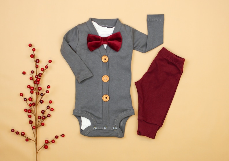 Baby Boy Christmas Outfit. Dark Gray & Burgundy Vintage Etsy