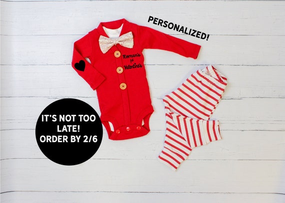 First Valentines Day Outfit Boy. Red Cardigan Set with Pants. Baby Boy. Bow tie. Newborn Boy. Bow Tie. Personalized. Il_570xn