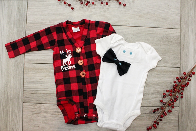 Buffalo Plaid Cardigan. Baby Boy Christmas Outfit. Buffalo Plaid Baby Outfit. Newborn Boy. Baby Lumberjack. 1st First Christmas. Moose. image 5